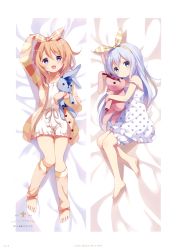Rule 34 | :d, absurdres, arm up, artist name, barefoot, bed sheet, blue eyes, blush, bow, bow hairband, cardigan, collarbone, dakimakura (medium), dress, frilled shorts, frills, from above, full body, gochuumon wa usagi desu ka?, hair between eyes, hair bow, hairband, highres, hoto cocoa, kafuu chino, koi (koisan), leg warmers, light brown hair, long hair, long sleeves, lying, official art, on back, on side, open cardigan, open clothes, open mouth, page number, polka dot, polka dot dress, purple eyes, shirt, short dress, short shorts, shorts, silver hair, sleeveless, sleeveless dress, smile, straight hair, striped, striped bow, striped cardigan, stuffed animal, stuffed rabbit, stuffed toy, very long hair, white shirt, white shorts