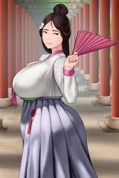 Rule 34 | 1girl, absurdres, bad id, bad pixiv id, black eyes, braid, braided bun, breasts, brown hair, chinese knot, colonnade, column, day, flower, hair bun, hair flower, hair ornament, hand fan, highres, holding, huge filesize, large breasts, long hair, looking at viewer, looking to the side, narrowed eyes, no nose, original, outdoors, paper fan, parted hair, parted lips, pillar, plaid, plaid skirt, shirt, single hair bun, skirt, solo, standing, torii, toroboro, tsurime, white shirt