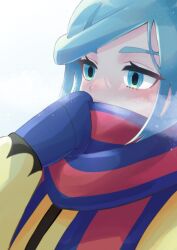 Rule 34 | 1boy, absurdres, asakura sara, blue gloves, blue mittens, blue scarf, blush, breath, commentary request, creatures (company), eyelashes, game freak, gloves, green eyes, green hair, grusha (pokemon), hand up, highres, jacket, long sleeves, male focus, mittens, nintendo, pokemon, pokemon sv, scarf, solo, striped clothes, striped scarf, upper body, white background, yellow jacket