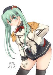 Rule 34 | 1girl, :o, alternate costume, alternate hairstyle, aqua eyes, aqua hair, artist name, beret, black thighhighs, buttons, cosplay, dated, double-breasted, epaulettes, frilled sleeves, frills, gloves, grey skirt, hair ornament, hairclip, hat, highres, jacket, kantai collection, kashima (kancolle), kashima (kancolle) (cosplay), long hair, looking at viewer, military, military jacket, military uniform, miniskirt, neckerchief, owa (ishtail), pleated skirt, red neckerchief, skirt, solo, suzuya (kancolle), thighhighs, twintails, uniform, white background, white gloves, white jacket