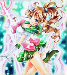 Rule 34 | 1990s (style), 1girl, ass, at classics, bishoujo senshi sailor moon, blue eyes, boots, bow, breasts, brown hair, cleavage, cross-laced footwear, earrings, elbow gloves, gloves, green footwear, green skirt, hair bobbles, hair ornament, jewelry, kino makoto, large breasts, long hair, looking back, magical girl, marker (medium), pink bow, ponytail, retro artstyle, sailor jupiter, sample watermark, skirt, solo, traditional media, watermark, white gloves