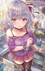 Rule 34 | 1girl, backlighting, bare shoulders, black thighhighs, blush, bracelet, breasts, choker, collarbone, contemporary, dish rack, earrings, fate/grand order, fate (series), floral print, food, hair between eyes, hair ribbon, highres, jar, jewelry, kama (fate), kama (first ascension) (fate), kettle, kitchen, ladle, looking at viewer, off-shoulder shirt, off shoulder, omelet, oven, plate, purple shirt, purple skirt, red eyes, ribbon, scrunchie, shirt, short hair, short sleeves, silver hair, sink, frying pan, skirt, small breasts, solo, spatula, stove, thighhighs, thighlet, thighs, torino aqua, whisk, window, wrist scrunchie