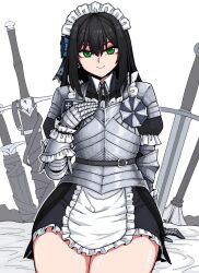 Rule 34 | 1girl, apron, armor, armored dress, black hair, formicid, gauntlets, gloves, green hair, hair ribbon, maid, maid apron, maid headdress, medium hair, original, ribbon, shoulder armor, simple background, sitting, smile, solo, sword, thighs, weapon, white background