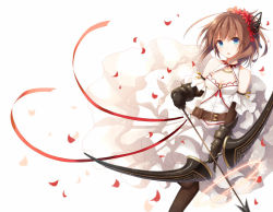 Rule 34 | 1girl, blue eyes, bow (weapon), breasts, brown hair, cleavage, dress, gauntlets, hair ornament, holding, long hair, looking at viewer, original, pantyhose, petals, solo, weapon, white dress, wind, yon (letter)
