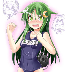 Rule 34 | 10s, 1girl, blush, collarbone, crescent, crescent hair ornament, eyepatch, green eyes, green hair, hair ornament, halo, ichimi, kantai collection, long hair, mechanical halo, nagatsuki (kancolle), one-piece swimsuit, open mouth, original, personification, school swimsuit, school uniform, shiny clothes, solo focus, swimsuit, tatsuta (kancolle), tenryuu (kancolle), very long hair