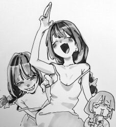 Rule 34 | 1girl, alcohol, alcohol carton, arm up, armpit crease, armpits, bare shoulders, black bow, black nails, blunt bangs, blush, bocchi the rock!, bow, braid, breasts, cleavage, closed eyes, collarbone, commentary, double strap slip, dress, drunk, english commentary, fang, greyscale, grin, hair bow, hair over shoulder, hiroi kikuri, holding carton, long hair, looking at viewer, low-braided long hair, low-tied long hair, medium dress, monochrome, multiple views, nail polish, open mouth, ringed eyes, samipeko, sharp teeth, simple background, single braid, skin fang, sleeveless, sleeveless dress, small breasts, smile, strap slip, tearing up, teeth, traditional media, upper body, white background