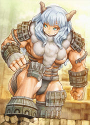 Rule 34 | 1girl, absurdres, aqua eyes, barba (shadow of the colossus), blue hair, colossus, facial mark, fur, giant, giantess, highres, horns, long hair, muscular, muscular female, personification, scan, shadow of the colossus, shigatake, solo
