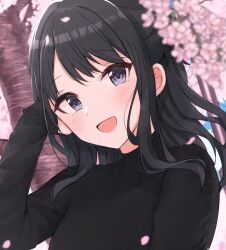 Rule 34 | 1girl, black hair, black shirt, blurry, blurry foreground, blush, breasts, cherry blossoms, dot nose, falling petals, hand on own face, hand up, hanetsuka, highres, idolmaster, idolmaster shiny colors, kazano hiori, long hair, long sleeves, looking at viewer, mole, mole under mouth, open mouth, outdoors, petals, ponytail, purple eyes, shirt, small breasts, smile, solo, upper body