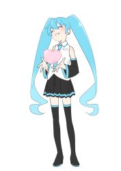 Rule 34 | 1girl, blue hair, blush, boots, closed eyes, detached sleeves, full body, hatsune miku, heart, highres, long hair, necktie, osakana (osakanagazoubot), simple background, skirt, smile, solo, thigh boots, thighhighs, twintails, very long hair, vocaloid, white background, zettai ryouiki
