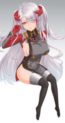 Rule 34 | 1girl, absurdres, azur lane, black thighhighs, breasts, buttons, double-breasted, gloves, grey background, headgear, highres, ichikushi mojibake, large breasts, light purple hair, long hair, mole, mole on breast, multicolored hair, prinz eugen (azur lane), red gloves, red hair, simple background, sitting, solo, thighhighs, two-tone hair, very long hair