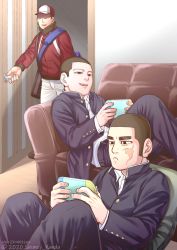 Rule 34 | 3boys, black eyes, black hair, blue jacket, blue pants, buzz cut, character request, collared jacket, contemporary, controller, couch, decoy00xx, delivery, gaiters, gakuran, game controller, golden kamuy, hair strand, hanazawa yusaku, handheld game console, jacket, leaning back, crossed legs, long sleeves, male focus, multiple boys, ogata hyakunosuke, pants, pout, school uniform, short hair, smile, very short hair, white pants, aged down