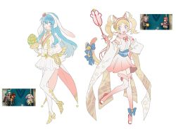 Rule 34 | 2girls, animal ears, aqua eyes, aqua hair, bell, blonde hair, blue bow, blue eyes, bow, breasts, cat ears, cat tail, cleavage, cleavage cutout, clothing cutout, cosplay, cup, dress, easter egg, egg, eirika (fire emblem), fake animal ears, fake tail, fingerless gloves, fire emblem, fire emblem: the sacred stones, fire emblem fates, fire emblem heroes, flower, fur trim, gloves, hair flower, hair ornament, hairband, high heels, japanese clothes, leg up, lissa (fire emblem), long hair, long sleeves, multiple girls, nintendo, noviipop, open mouth, pink gloves, rabbit ears, sakura (fire emblem), sakura (fire emblem) (cosplay), sharena (fire emblem), sharena (fire emblem) (cosplay), simple background, sleeveless, tail, thighhighs, toeless footwear, twintails, white background, white gloves, zettai ryouiki