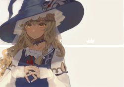 Rule 34 | 1girl, absurdres, adapted costume, black hat, black vest, blonde hair, bow, braid, choker, commentary request, hair bow, hat, highres, interlocked fingers, jewelry, kirisame marisa, long hair, long sleeves, ring, shi chimi, shirt, single braid, sleeves past wrists, solo, touhou, upper body, vest, white bow, white shirt, witch hat, yellow eyes