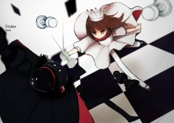 Rule 34 | 1girl, bad id, bad pixiv id, battle, chessboard, crown, deemo, deemo (character), dress, fencing, friction (deemo), girl (deemo), hat, serious, song name, white legwear, yeonie