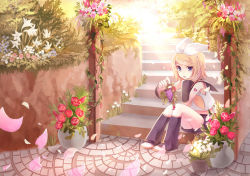 Rule 34 | 1girl, blonde hair, blue eyes, detached sleeves, flower, food, fruit, grapes, hair ornament, hairclip, head rest, kagamine rin, outdoors, plant, shiramori yuse, short hair, sitting, sitting on stairs, solo, stairs, vocaloid