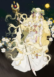 Rule 34 | 1girl, barefoot, blonde hair, blue eyes, braid, dress, flower, food, fruit, full body, grapes, hair ornament, holding, holding wand, long hair, looking at viewer, magi the labyrinth of magic, maobing maobing, moon, scheherazade (magi), solo, staff, very long hair, wand, white flower