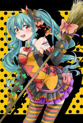 Rule 34 | 1girl, aqua hair, blush, broom, collar, cross, cross earrings, dress, earrings, elbow gloves, gloves, halloween, hat, hatsune miku, highres, jewelry, kanna (chaos966), long hair, open mouth, polka dot, polka dot background, red eyes, solo, striped clothes, striped thighhighs, tattoo, thighhighs, twintails, vocaloid