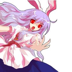 Rule 34 | 1girl, alphes, animal ears, rabbit ears, carrot, female focus, glowing, glowing eyes, official art, purple hair, red eyes, reisen udongein inaba, ringed eyes, scarlet weather rhapsody, shirt, skirt, solo, touhou, transparent background