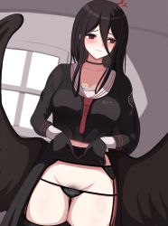Rule 34 | 1girl, absurdres, angel wings, black gloves, black hair, black panties, black shirt, black skirt, black thighhighs, blue archive, blush, breast pocket, breasts, brown eyes, ceiling, choker, cleavage, clothes lift, clothes writing, collarbone, embarrassed, garter belt, garter straps, gloves, halo, hasumi (blue archive), highres, large breasts, long hair, long sleeves, looking to the side, navel, neckerchief, oreon z, panties, pocket, pubic hair, red neckerchief, school uniform, shirt, skirt, skirt lift, standing, thighhighs, underwear, window, wings