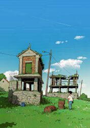 Rule 34 | 1boy, alariko, black hair, blue pants, blue sky, bucket, bush, cloud, contrail, day, drum (container), facing away, grass, highres, house, lamppost, original, outdoors, overgrown, pants, power lines, railing, ruins, scenery, shirt, short hair, short sleeves, sky, solo, standing, tree, utility pole, white shirt