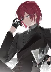 Rule 34 | 1boy, adjusting eyewear, black gloves, blue eyes, book, buttons, ensemble stars!, glasses, gloves, high collar, highres, holding, holding book, jewelry, long sleeves, male focus, multiple rings, open book, open mouth, red hair, ring, rrr (reason), saegusa ibara, short hair, sitting, solo, twitter username, white background
