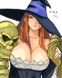 Rule 34 | 1girl, breasts, brown eyes, brown hair, cleavage, collarbone, dragon&#039;s crown, hat, hat over one eye, huge breasts, long hair, one eye covered, simple background, sketch, skull, solo, sorceress (dragon&#039;s crown), tetsu (kimuchi), witch hat