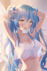 Rule 34 | 1girl, armpits, arms up, backlighting, blue hair, bra, breasts, cleavage, collarbone, day, fang, flower, hair flower, hair ornament, half updo, hands in hair, highres, hololive, indoors, lingerie, long hair, looking at viewer, medium breasts, midriff, morning, navel, open mouth, pointy ears, ringlets, solo, sosuke (yrmon), teddy (lingerie), twintails, underwear, upper body, very long hair, virtual youtuber, white bra, yellow eyes, yukihana lamy