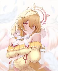 Rule 34 | 1girl, absurdres, ahoge, arm under breasts, blonde hair, blush, bow, bowtie, breasts, cleavage, closed mouth, collar, commentary request, detached collar, dress, eyes visible through hair, feathers, frilled collar, frilled dress, frills, hair between eyes, hair intakes, halo, hand on own arm, highres, hinata mashu, large breasts, long bangs, long sleeves, looking at viewer, mariooo, medium hair, nanashi inc., off-shoulder dress, off shoulder, orange eyes, red ribbon, ribbon, sleeve ribbon, smile, solo, upper body, virtual youtuber, white bow, white bowtie, white wings, wings, yellow collar, yellow dress