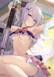 Rule 34 | 1girl, armpits, assault rifle, azusa (blue archive), azusa (swimsuit) (blue archive), bikini, blue archive, breasts, commentary request, detached sleeves, flower, gun, hair flower, hair ornament, halo, highres, long hair, looking at viewer, lying, mizu (lzzrwi603), navel, purple eyes, rifle, silver hair, small breasts, solo, swimsuit, weapon