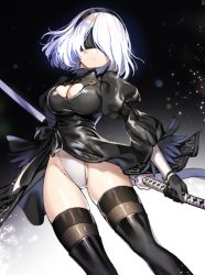 Rule 34 | 1girl, bad id, bad pixiv id, black dress, black gloves, black thighhighs, blindfold, breasts, cleavage, cleavage cutout, closed mouth, clothing cutout, cowboy shot, dress, gambe, gloves, hairband, highleg, highleg leotard, holding, holding sword, holding weapon, juliet sleeves, katana, leotard, leotard under clothes, long sleeves, looking at viewer, medium breasts, nier (series), nier:automata, puffy sleeves, short hair, solo, sword, thighhighs, weapon, white hair, white leotard, 2b (nier:automata)