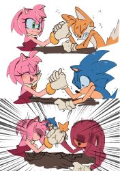 Rule 34 | 1girl, 3boys, absurdres, amy rose, animal nose, blue fur, blush, dress, fighting, furry, furry female, furry male, gold bracelet, hairband, hedgehog, hedgehog ears, hedgehog girl, hedgehog tail, highres, historiaallen, knuckles the echidna, multiple boys, pink fur, purple fur, red dress, red hairband, sonic (series), sonic the hedgehog, sonic the hedgehog (classic), tails (sonic)