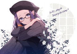 Rule 34 | 1girl, black-framed eyewear, black dress, black hat, black pantyhose, black shirt, blush, closed mouth, commentary, crossed arms, dress, english commentary, english text, eyelashes, fang, flower, forehead, glasses, gradient hair, happy birthday, hat, highres, hololive, hololive english, long hair, looking at viewer, mixed-language commentary, mole, mole under eye, multicolored hair, ninomae ina&#039;nis, ninomae ina&#039;nis (casual), official alternate costume, orange hair, pantyhose, pochi (pochi-goya), pointy ears, purple hair, shirt, sitting, skin fang, smile, solo, striped clothes, striped shirt, symbol-only commentary, tareme, tentacle hair, two-tone hair, vertical-striped clothes, vertical-striped shirt, virtual youtuber