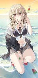Rule 34 | 1girl, absurdres, bare legs, beach, bikini, black bikini, black jacket, blonde hair, clothes down, food, fruit, grey shorts, hair ribbon, highres, jacket, long hair, looking at viewer, mouth hold, on one knee, original, parted bangs, popsicle stick, red eyes, red footwear, ribbon, short shorts, shorts, sky, solo, swimsuit, swimsuit under clothes, thighs, wata (attaka towel), watermelon, watermelon slice