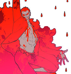 Rule 34 | 1boy, abs, ahi tb, arm up, belt, blood, blood on clothes, blood on face, blood on hands, donquixote doflamingo, feather coat, from side, grin, groin, highres, leg hair, limited palette, looking at viewer, male focus, muscular, muscular male, navel, one piece, open clothes, pants, rain, red theme, short hair, simple background, smile, solo, sunglasses, very short hair, white background
