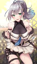 Rule 34 | 1girl, bare shoulders, belt, blue necktie, blue ribbon, blush, breasts, cleavage, cowboy shot, dress, floating hair, frilled sleeves, frills, green eyes, grey hair, hair ornament, hair ribbon, highres, hololive, large breasts, long sleeves, looking at viewer, mole, mole on breast, necktie, open mouth, ribbon, rum raisin (chihiromakita19), see-through, see-through cleavage, shirogane noel, shirogane noel (5th costume), short dress, short shorts, shorts, solo, sweat, thigh belt, thigh strap, virtual youtuber, white dress