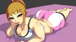 Rule 34 | 10s, 1girl, ass, bare shoulders, barefoot, bike shorts, blonde hair, blue eyes, breasts, butt crack, cleavage, come hither, covered erect nipples, curvy, gundam, gundam build fighters, gundam build fighters try, highres, hoshino fumina, huge ass, large breasts, looking at viewer, lying, naughty face, on stomach, parted lips, plump, ponytail, scrunchie, seductive smile, shiny clothes, shiny skin, short hair, smile, solo, sports bra, tank top, thigh strap