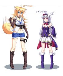 Rule 34 | 2girls, belt boots, blonde hair, blue eyes, boots, cross-laced footwear, elbow gloves, gloves, high heel boots, high heels, knee boots, kyuutou (kyuutouryuu), lace-up boots, long hair, multiple girls, no socks, original, red eyes, silver hair
