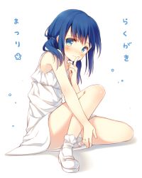 Rule 34 | 1girl, blue eyes, blue hair, blush, bobby socks, dress, finger to mouth, full body, looking at viewer, mary janes, matching hair/eyes, original, shoes, short hair, short twintails, simple background, sitting, socks, solo, sundress, twintails, white background, white socks, yamucha