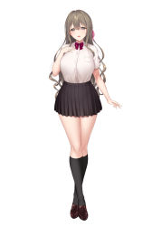 Rule 34 | 1girl, absurdres, black socks, bow, bowtie, breast pocket, breasts, brown footwear, collared shirt, commentary request, crossed legs, grey eyes, grey hair, hair ribbon, hand on own chest, highres, kneehighs, large breasts, loafers, long hair, looking at viewer, original, pink ribbon, pleated skirt, pocket, red bow, red bowtie, ribbon, satou kuuki, school uniform, shirt, shirt tucked in, shoes, short sleeves, sidelocks, simple background, skirt, socks, solo, tachi-e, taut clothes, taut shirt, thick thighs, thighs, very long hair, wavy hair, white background
