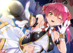 Rule 34 | 1girl, ;d, absurdres, arm garter, bare shoulders, belt, black vest, blush, bow, bow skirt, breasts, clothing cutout, dutch angle, gloves, hair ribbon, halterneck, hand up, highres, holding, holding microphone, hololive, hololive idol uniform, houshou marine, huge filesize, idol, idol clothes, koubou (cowbow kun), large breasts, long hair, microphone, miniskirt, navel, navel cutout, official alternate costume, one eye closed, open mouth, red hair, red ribbon, ribbon, skirt, sleeveless, smile, solo, stage, twintails, vest, virtual youtuber, white bow, white gloves, white skirt, wrist cuffs, yellow eyes