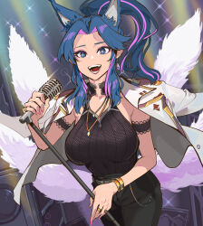 Rule 34 | 1girl, animal ear fluff, animal ears, arm garter, black pants, black shirt, blue eyes, blue hair, bracelet, breasts, cocomeen, commentary, cowboy shot, earrings, english commentary, fingernails, fox ears, fox girl, fox tail, gold trim, grey choker, highres, holding, holding microphone stand, jacket, jacket on shoulders, jewelry, large breasts, long hair, microphone, microphone stand, multicolored hair, multiple rings, multiple tails, nail polish, necklace, open mouth, original, pants, pink gemstone, pink hair, pink nails, ponytail, ring, shirt, sidelocks, sleeveless, sleeveless shirt, slit pupils, smile, solo, streaked hair, tail, teeth, white jacket, white tail
