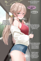 Rule 34 | 1girl, bare shoulders, blonde hair, blue archive, blush, casual, dcadca3, denim, denim shorts, hifumi (blue archive), implied sex, jacket, long sleeves, looking at viewer, netorare, off shoulder, open clothes, open door, open jacket, paid reward available, red tank top, short shorts, shorts, steaming body, sweat, tank top, twintails, white jacket