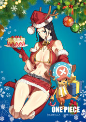 Rule 34 | 1boy, 1girl, antlers, bell, bikini, black bikini, black hair, boots, box, breast curtains, breasts, cake, christmas, cleavage, collar, cowbell, detached collar, fake antlers, food, full body, fur-trimmed headwear, fur trim, furry, gift, gift box, gloves, green eyes, hat, height difference, high heel boots, high heels, highres, horns, knee boots, l.k, large breasts, long hair, merry christmas, narrow waist, navel, neck bell, nico robin, one piece, panties, pantyshot, red footwear, red gloves, red panties, reindeer, reindeer antlers, santa bikini, santa costume, santa hat, shawl, sitting, swimsuit, thick thighs, thighs, tony tony chopper, underboob, underwear, upskirt, wariza