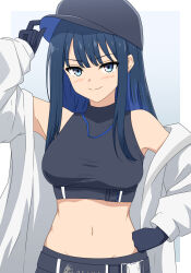 Rule 34 | 1girl, absurdres, arm up, bare shoulders, black gloves, black headwear, black shirt, blue archive, blue eyes, blue hair, breasts, chitose kana (kanachitose), coat, commentary request, crop top, gloves, highres, long hair, looking at viewer, medium breasts, midriff, navel, off shoulder, open clothes, open coat, saori (blue archive), shirt, sleeveless, sleeveless shirt, smile, solo, stomach, upper body, white coat