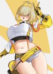 Rule 34 | 1girl, :d, agito 144p, ahoge, black gloves, black sports bra, blonde hair, breasts, clothing cutout, crop top, cropped sweater, elegg (nikke), exposed pocket, gloves, goddess of victory: nikke, grey shorts, hair intakes, hair over eyes, large breasts, long bangs, long sleeves, looking at viewer, micro shorts, midriff, multicolored clothes, multicolored gloves, multicolored hair, navel, open mouth, purple eyes, short hair, shorts, shoulder cutout, skindentation, smile, solo, sports bra, suspender shorts, suspenders, thigh gap, thighs, two-tone hair, v, yellow gloves