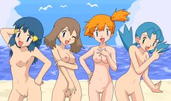 Rule 34 | 4girls, beach, blue eyes, blue hair, blush, breasts, brown hair, cleft of venus, creatures (company), dawn (pokemon), day, game freak, green eyes, kuro hopper, marina (pokemon), may (pokemon), misty (pokemon), multiple girls, nintendo, nipples, nude, nude filter, ocean, oekaki, one eye closed, orange hair, pixel art, pokemon, pokemon (anime), pokemon (classic anime), pussy, smile, third-party edit, uncensored, v, wink
