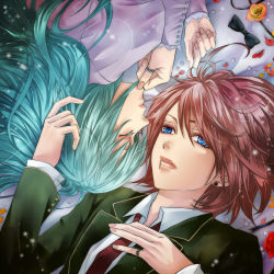 Rule 34 | 2girls, aqua hair, blue eyes, bow, brown hair, closed eyes, flower, hakuseki, highres, jacket, jewelry, lips, long hair, lying, multicolored flower, multicolored rose, multiple girls, nail polish, necktie, on back, on side, original, pink nails, red flower, red rose, ring, rose, short hair, vocaloid