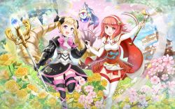 Rule 34 | 2girls, absurdres, black legwear, blonde hair, bow, castle, cherry blossoms, crystal ball, dress, drill hair, elbow gloves, elise (fire emblem), fingerless gloves, fire emblem, fire emblem fates, flower, gloves, hair bow, holding hands, headdress, highres, huge filesize, lens flare, lilith (fire emblem), looking at viewer, multiple girls, nichika (nitikapo), nintendo, open mouth, pagoda, purple eyes, red eyes, red hair, sakura (fire emblem), short hair, smile, sparkle, staff, twin drills, twintails, white legwear