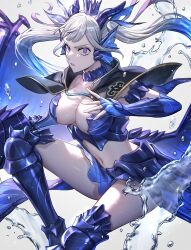 Rule 34 | 1girl, absurdres, armored boots, armored skirt, black bulls (emblem), black capelet, black clover, boots, breasts, capelet, choker, cleavage, cleavage cutout, clothing cutout, crown, dragon horns, dragon wings, fins, grey hair, head fins, highres, holding, holding polearm, holding weapon, horns, large breasts, long hair, looking at viewer, low twintails, midriff, noelle silva, parted lips, polearm, purple eyes, slit pupils, solo, thighs, tsugutoku, twintails, valkyrie, water, water drop, weapon, wings