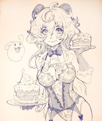 Rule 34 | 1girl, bell, bow, bowtie, breasts, cake, cleavage, cowbell, detached collar, food, fur trim, ganyu (genshin impact), genshin impact, gloves, greyscale, hair between eyes, holding, holding plate, horns, ink (medium), leotard, long hair, looking at viewer, medium breasts, monochrome, neck bell, philiera, plate, russian commentary, smile, solo, traditional media, very long hair, white background